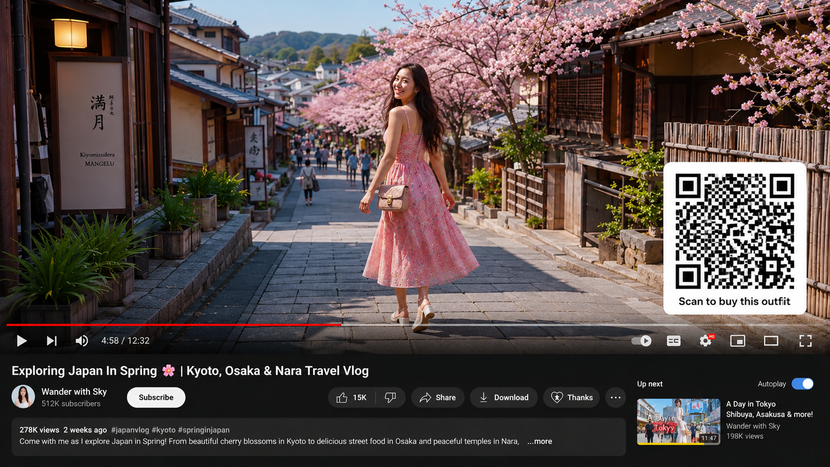 YouTube video of a creator in Japan with QR code overlay to buy outfit